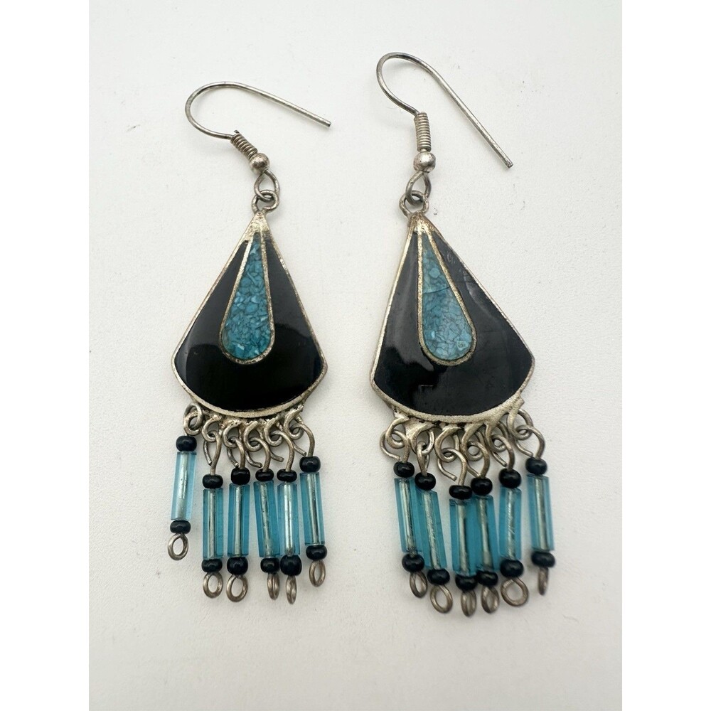 Vintage Turquoise Beaded Tassel Earrings